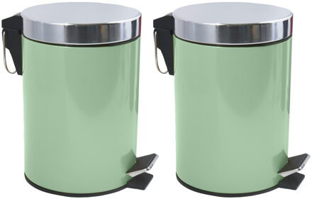 MSV Prullenbak/pedaalemmer - 2x - metaal - groen - 3 liter - 17 x 25 cm - Badkamer/toilet - Pedaalemmers