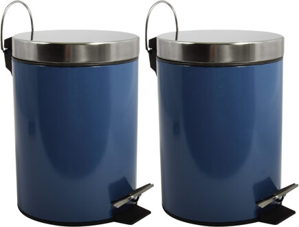 MSV Prullenbak/pedaalemmer - 2x - metaal - marine blauw - 3 liter - 17 x 25 cm - Badkamer/toilet - Pedaalemmers