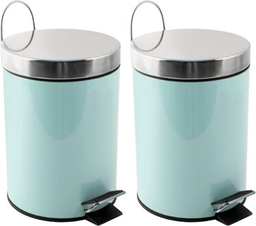 MSV Prullenbak/pedaalemmer - 2x - metaal - mintgroen - 3 liter - 17 x 25 cm - Badkamer/toilet