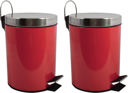 MSV Prullenbak/pedaalemmer - 2x - metaal - rood - 5L - 20 x 28 cm - Badkamer/toilet - Pedaalemmers