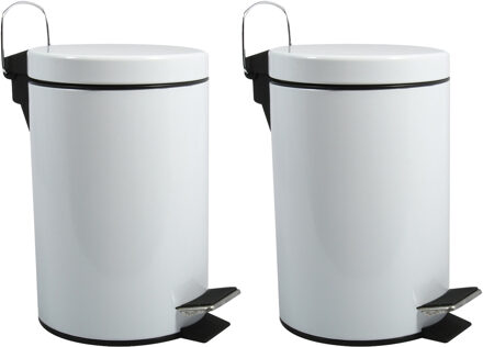 MSV Prullenbak/pedaalemmer - 2x - metaal - wit - 3 liter - 17 x 25 cm - Badkamer/toilet - Pedaalemmers