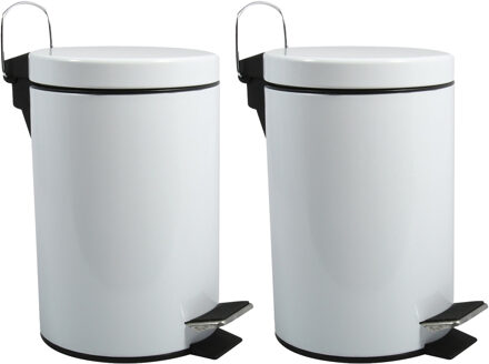 MSV Prullenbak/pedaalemmer - 2x - metaal - wit - 5 liter - 20 x 28 cm - Badkamer/toilet - Pedaalemmers