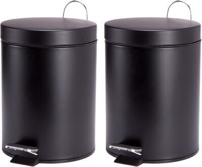 MSV Prullenbak/pedaalemmer - 2x - metaal - zwart - 3 liter - 17 x 25 cm - Badkamer/toilet