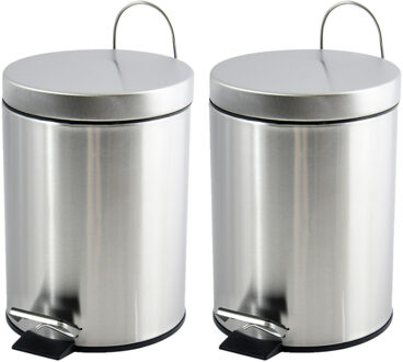 MSV Prullenbak/pedaalemmer - 2x - rvs - glans zilver - 3 liter - 16 x 25 cm - Badkamer/toilet