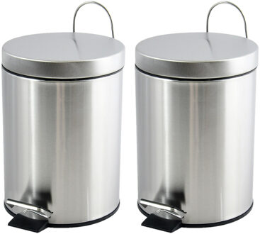 MSV Prullenbak/pedaalemmer - 2x - rvs - glans zilver - 5 liter - 20 x 27 cm - Badkamer/toilet