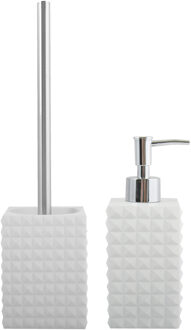 MSV Toiletborstel in houder 37 cm/zeeppompje set Kubik - Polyresin/rvs - ivoor wit - Badkameraccessoireset