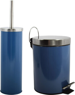 MSV Toiletborstel in houder 38 cm/pedaalemmer 3L set Moods - Metaal - blauw