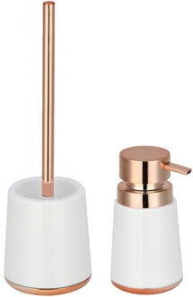 MSV Toiletborstel in houder 38 cm/zeeppompje badkamer accessoires set Coruna - kunststof/RVS - wit/koper