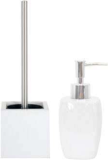 MSV Toiletborstel in houder 38 cm/zeeppompje badkamer accessoires set Montreal - RVS/keramiek - wit