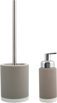 MSV Toiletborstel in houder 38 cm/zeeppompje set Moods - Keramiek/rvs - taupe/beige - Badkameraccessoireset