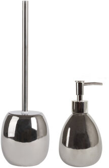 MSV Toiletborstel in houder 39 cm/zeeppompje set Kymi - Polyresin/rvs - zilver shine