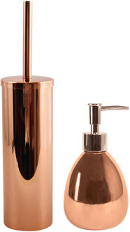 MSV Toiletborstel in houder 40 cm/zeeppompje badkamer accessoires set Kymi - metaal/RVS - koper