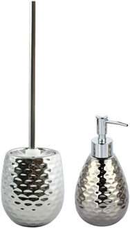 MSV Toiletborstel in houder 41 cm/zeeppompje set Phoenix - Polyresin/rvs - gehamerd zilver