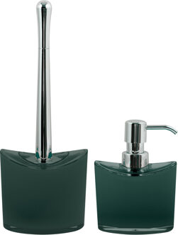 MSV Toiletborstel in houder en zeeppompje - badkamer set Aveiro - kunststof - donkergroen