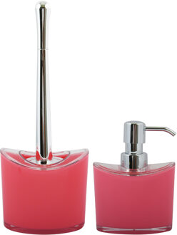 MSV Toiletborstel in houder en zeeppompje - badkamer set Aveiro - kunststof - fuchsia roze