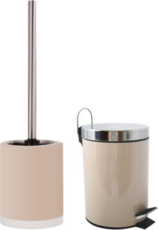 MSV Toiletborstel in houder/pedaalemmer set Napoli - keramiek/metaal - taupe/beige