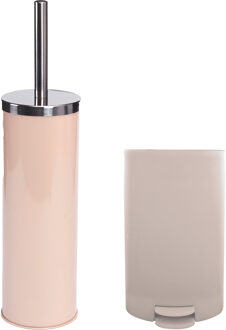 MSV Toiletborstel in houder/pedaalemmer set Napoli - metaal/kunststof - taupe/beige