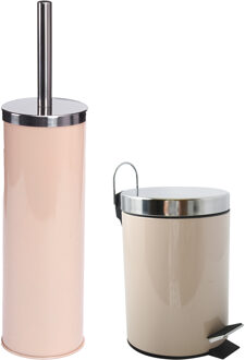 MSV Toiletborstel in houder/pedaalemmer set Napoli - metaal - taupe/beige