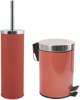 MSV Toiletborstel in houder/pedaalemmer set Napoli - metaal - terracotta