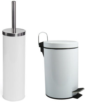 MSV Toiletborstel in houder/pedaalemmer set Napoli - metaal - wit