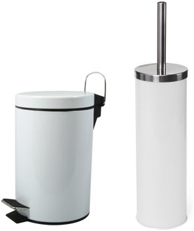 MSV Toiletborstel in houder/pedaalemmer set Napoli - metaal - wit