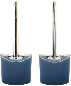 MSV Toiletborstel in houder/wc- 2x -borstel Aveiro - PS kunststof/rvs - donkerblauw/zilver - 37 x 14 cm