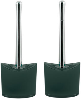 MSV Toiletborstel in houder/wc- 2x -borstel Aveiro - PS kunststof/rvs - donkergroen/zilver - 37 x 14 cm