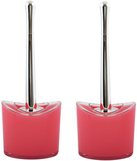 MSV Toiletborstel in houder/wc- 2x -borstel Aveiro - PS kunststof/rvs - fuchsia roze/zilver - 37 x 14 cm