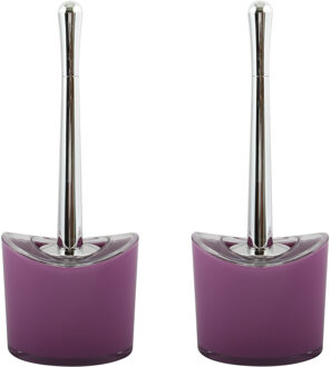 MSV Toiletborstel in houder/wc- 2x -borstel Aveiro - PS kunststof/rvs - paars/zilver - 37 x 14 cm