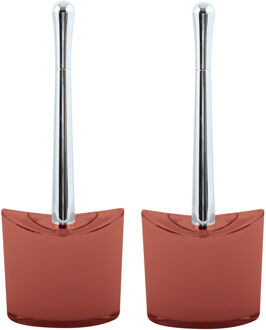 MSV Toiletborstel in houder/wc- 2x -borstel Aveiro - PS kunststof/rvs - terracotta/zilver - 37 x 14 cm