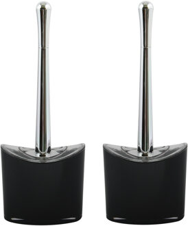 MSV Toiletborstel in houder/wc- 2x -borstel Aveiro - PS kunststof/rvs - zwart/zilver - 37 x 14 cm
