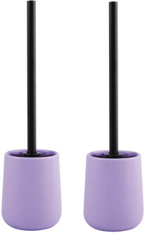 MSV Toiletborstel in houder/wc - 2x - borstel Malmo - keramiek/rvs - lila paars/zwart - 39 x 10 cm