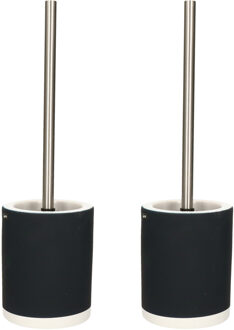 MSV Toiletborstel in houder/wc-borstel - 2x - keramiek/metaal - donker marine blauw - 38 x 11 cm