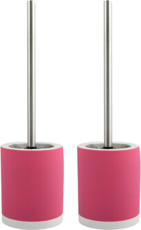 MSV Toiletborstel in houder/wc-borstel - 2x - keramiek/metaal - fuchsia roze - 38 x 11 cm