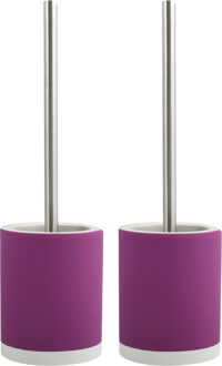 MSV Toiletborstel in houder/wc-borstel - 2x - keramiek/metaal - paars - 38 x 11 cm