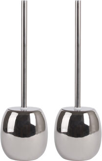 MSV Toiletborstel in houder/wc-borstel - 2x Kymi - keramiek - zilver - 39 x 11 cm