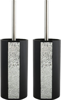 MSV Toiletborstel in houder/wc-borstel - 2x Luanda - kunststeen - zwart/zilver - 36 x 10 cm