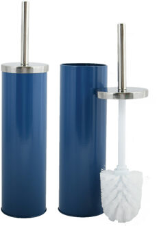 MSV Toiletborstel in houder/wc-borstel - 2x - metaal - marine blauw - 38 x 9 cm