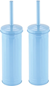 MSV Toiletborstel in houder/wc-borstel - 2x - metaal - pastel blauw - 38 x 10 cm