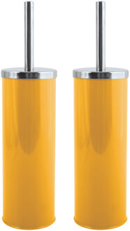 MSV Toiletborstel in houder/wc-borstel - 2x - rvs metaal - saffraan geel - 38 x 9 cm