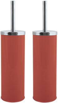 MSV Toiletborstel in houder/wc-borstel - 2x - rvs metaal - terracotta - 38 x 9 cm