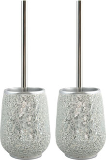 MSV Toiletborstel in houder/wc-borstel - 2x Scarlett - kunststeen mozaiek - zilver - 36 x 11 cm