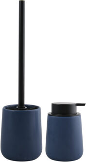 MSV Toiletborstel in houder/zeeppompje - badkamer set Malmo - keramiek - donkerblauw
