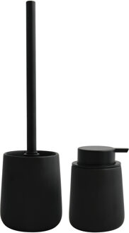 MSV Toiletborstel in houder/zeeppompje - badkamer set Malmo - keramiek - zwart