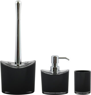 MSV Toiletborstel in houder/zeeppompje/beker - badkamer set Aveiro - kunststof - zwart