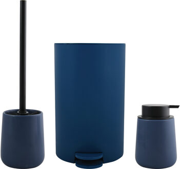 MSV Toiletborstel in houder/zeeppompje/pedaalemmer - badkamer set Malmo - keramiek - donkerblauw