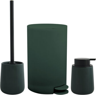 MSV Toiletborstel in houder/zeeppompje/pedaalemmer - badkamer set Malmo - keramiek - donkergroen