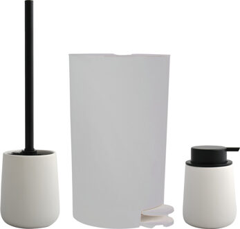 MSV Toiletborstel in houder/zeeppompje/pedaalemmer - badkamer set Malmo - keramiek - wit