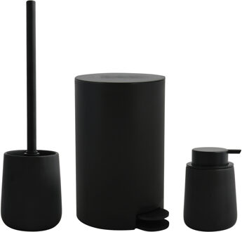 MSV Toiletborstel in houder/zeeppompje/pedaalemmer - badkamer set Malmo - keramiek - zwart