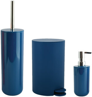 MSV Toiletborstel in houder/zeeppompje/pedaalemmer set Moods - kunststof - blauw